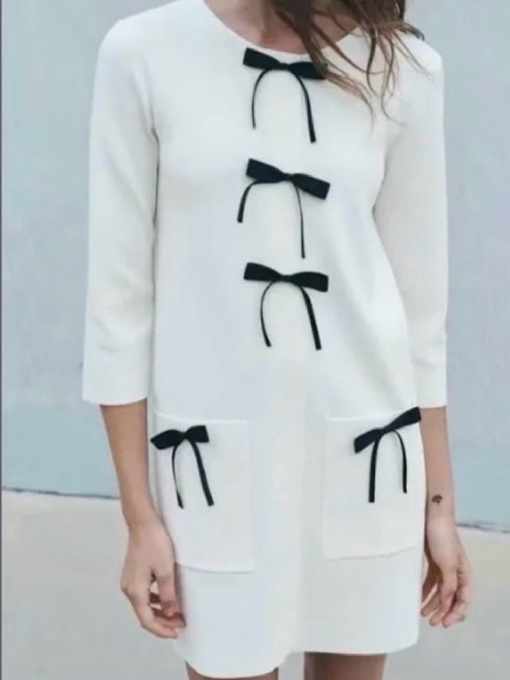 NWT Zara Cream Knit Mini Dress with Black Bow Details